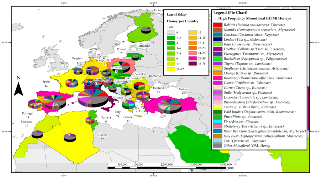 Mieles estudiadas con mayor frecuencia según su perfil fenólico en África y Europa